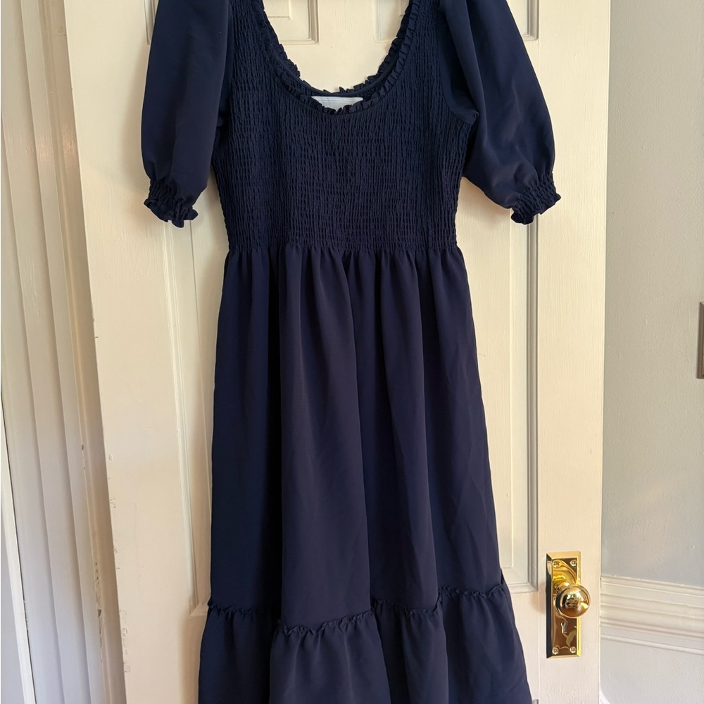Hill House Louisa Navy Crepe Smocked Midi Dress